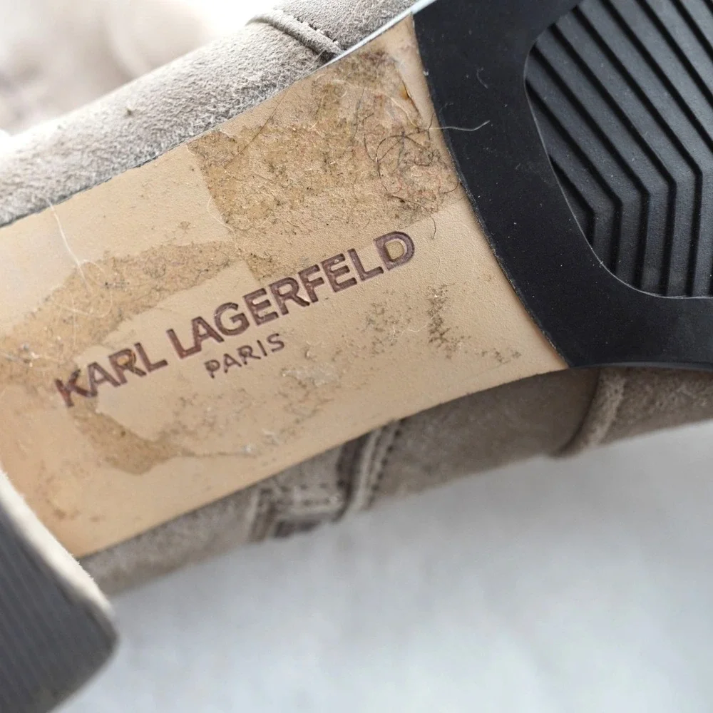 Karl Lagerfeld Paris Cosette Ankle Boots Women 6 Suede Buckle Block Heel Taupe